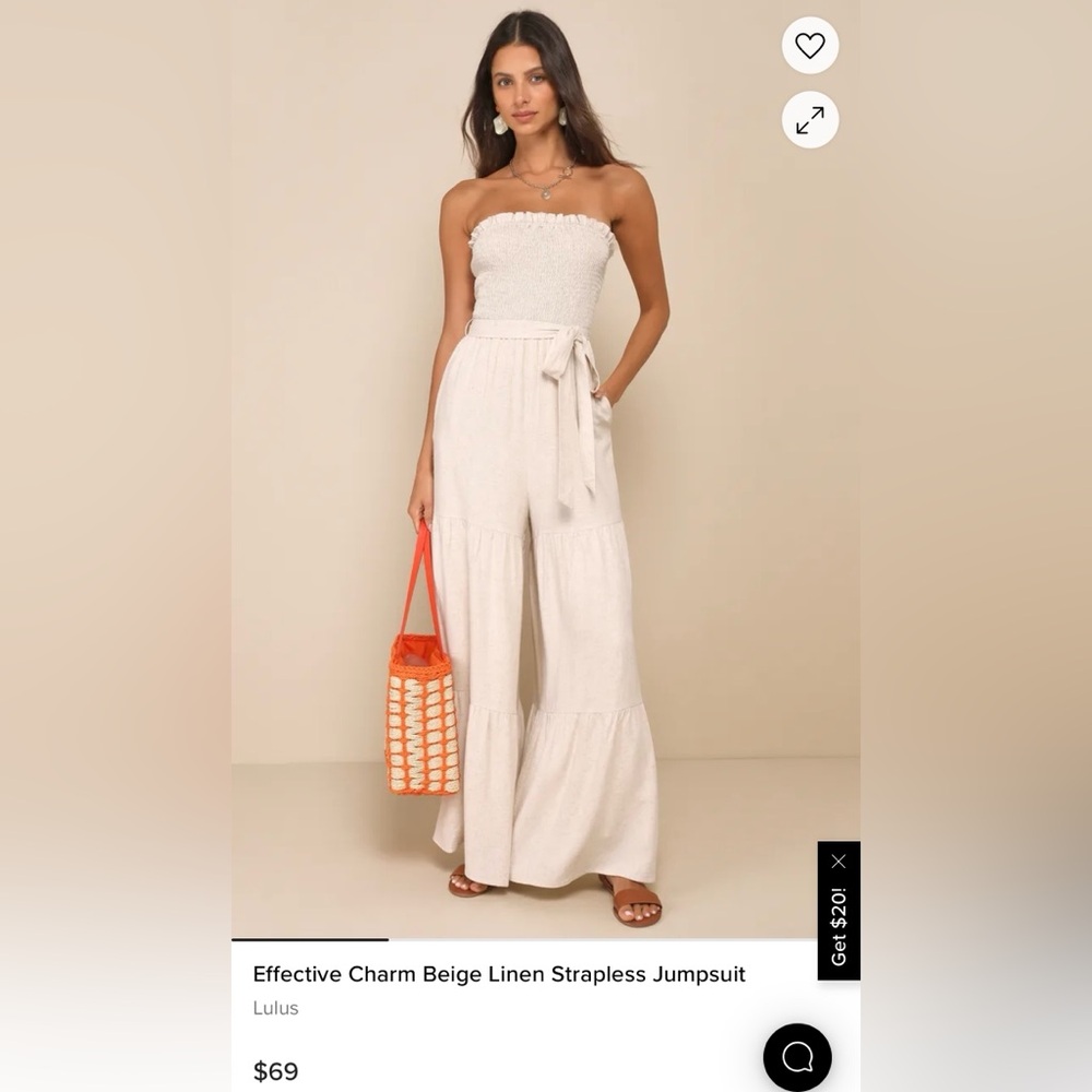 NWT Lulu’s Effective Charm Beige Linen Strapless Jumpsuit XS
